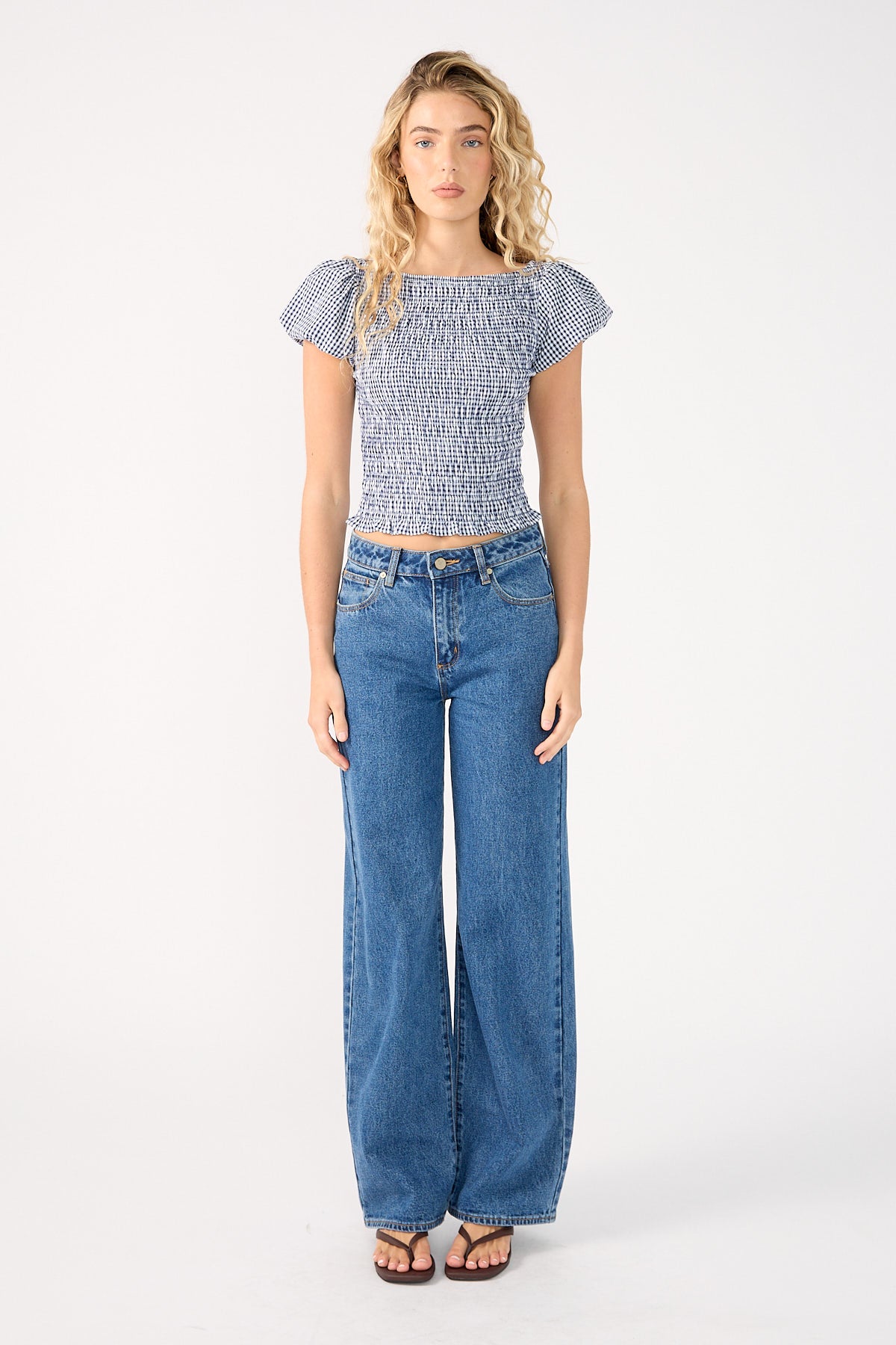Perfect Stranger Corinne Gingham Short Sleeve Top Navy Print