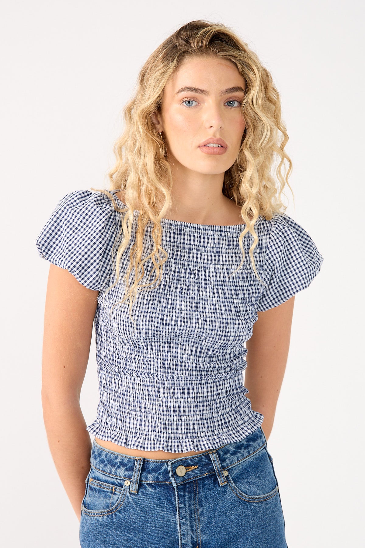 Perfect Stranger Corinne Gingham Short Sleeve Top Navy Print
