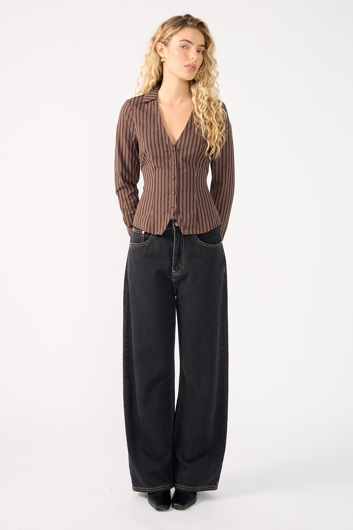 Perfect Stranger Hadid Fitted Long Sleeve Shirt Brown Stripe