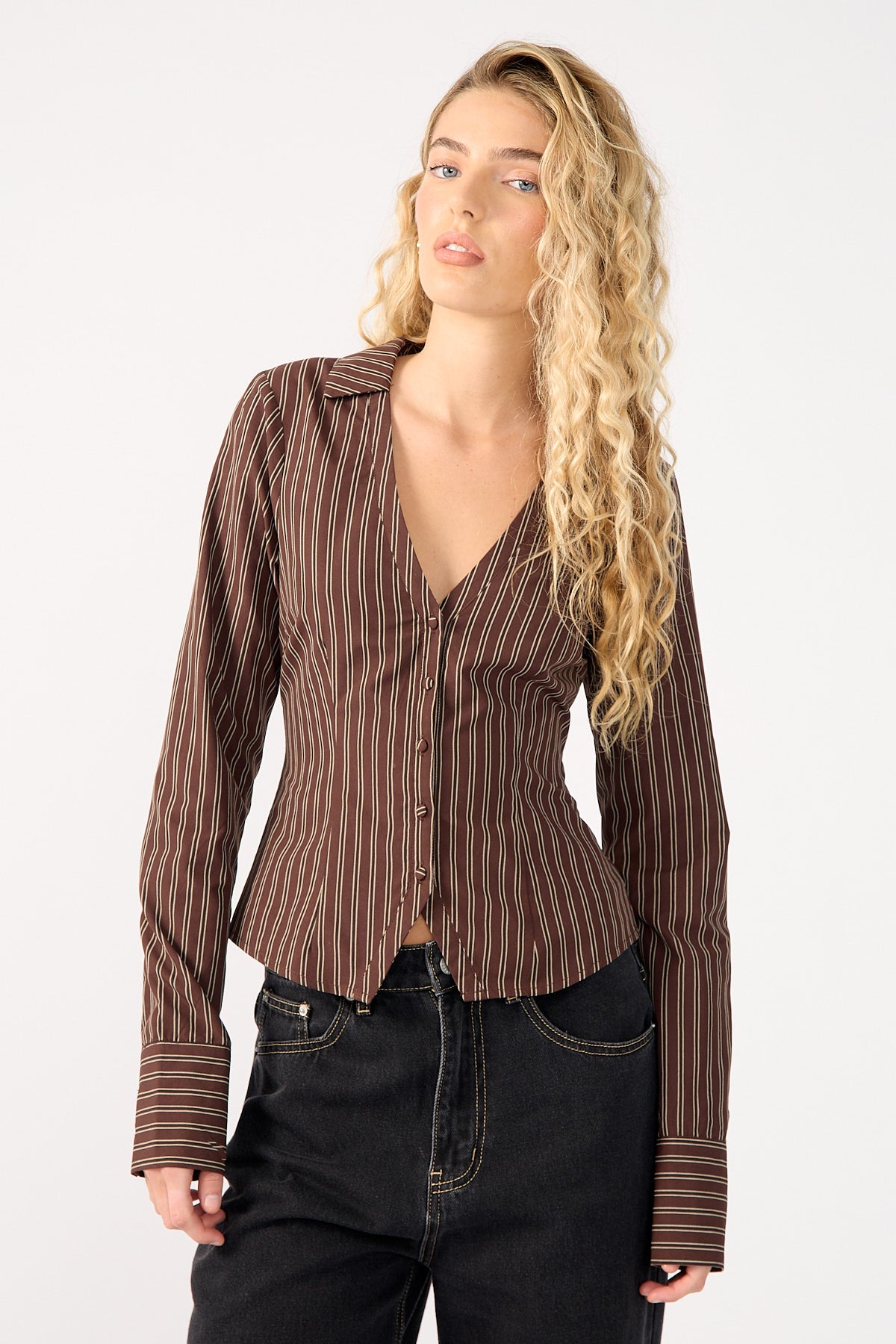 Perfect Stranger Hadid Fitted Long Sleeve Shirt Brown Stripe