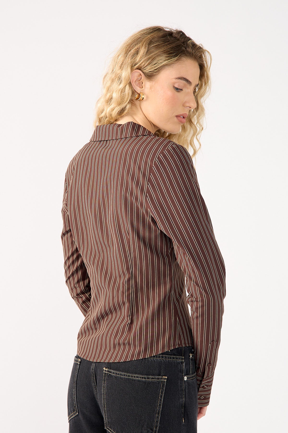 Perfect Stranger Hadid Fitted Long Sleeve Shirt Brown Stripe