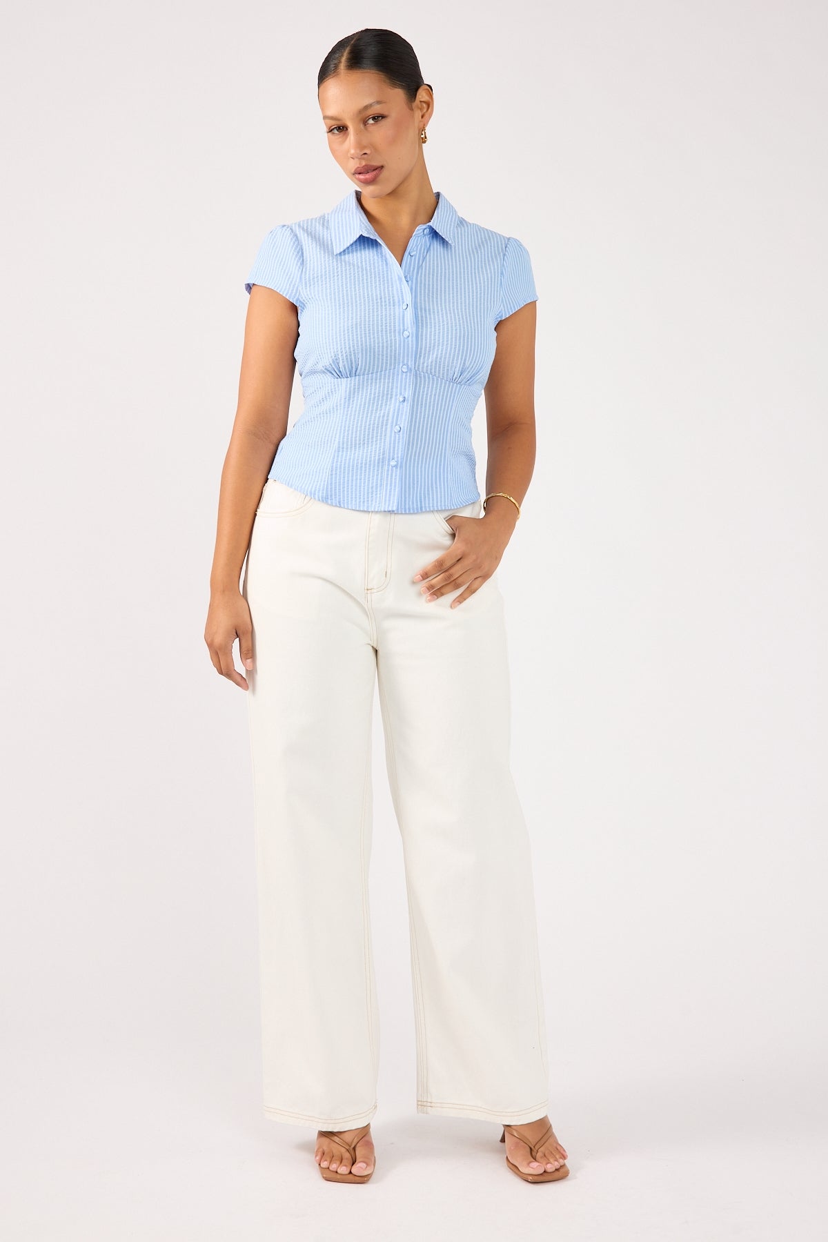 Perfect Stranger Serena Fitted Short Sleeve Shirt Light Blue