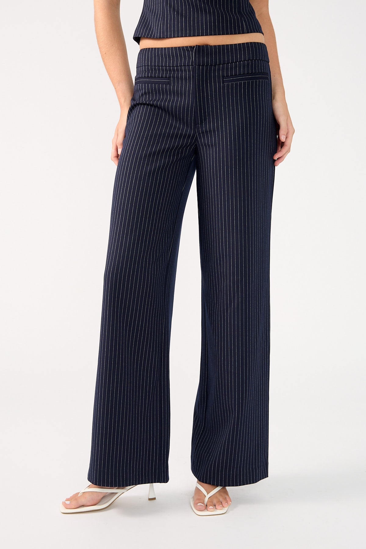 Perfect Stranger Odessa Pinstripe Mid Rise Tailored Pant Navy Pinstripe
