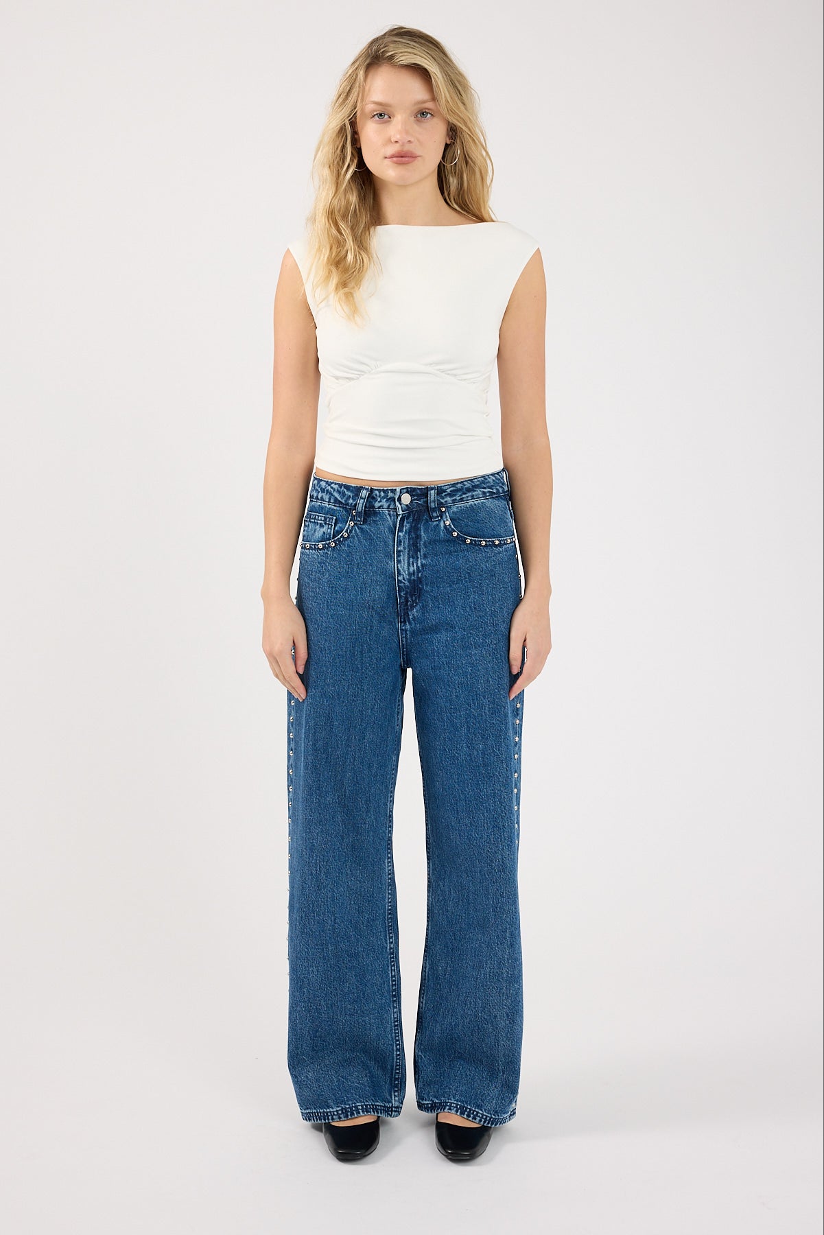 Perfect Stranger Mid Rise Studded Jean Mid Blue Denim