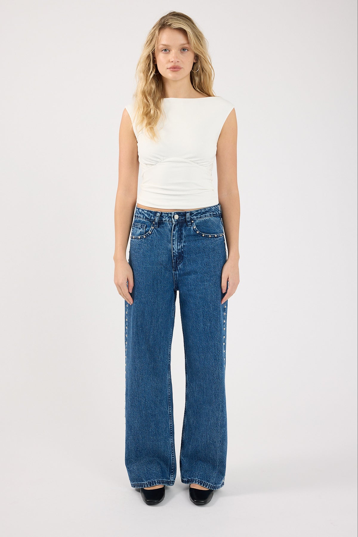 Perfect Stranger Mid Rise Studded Jean Mid Blue Denim