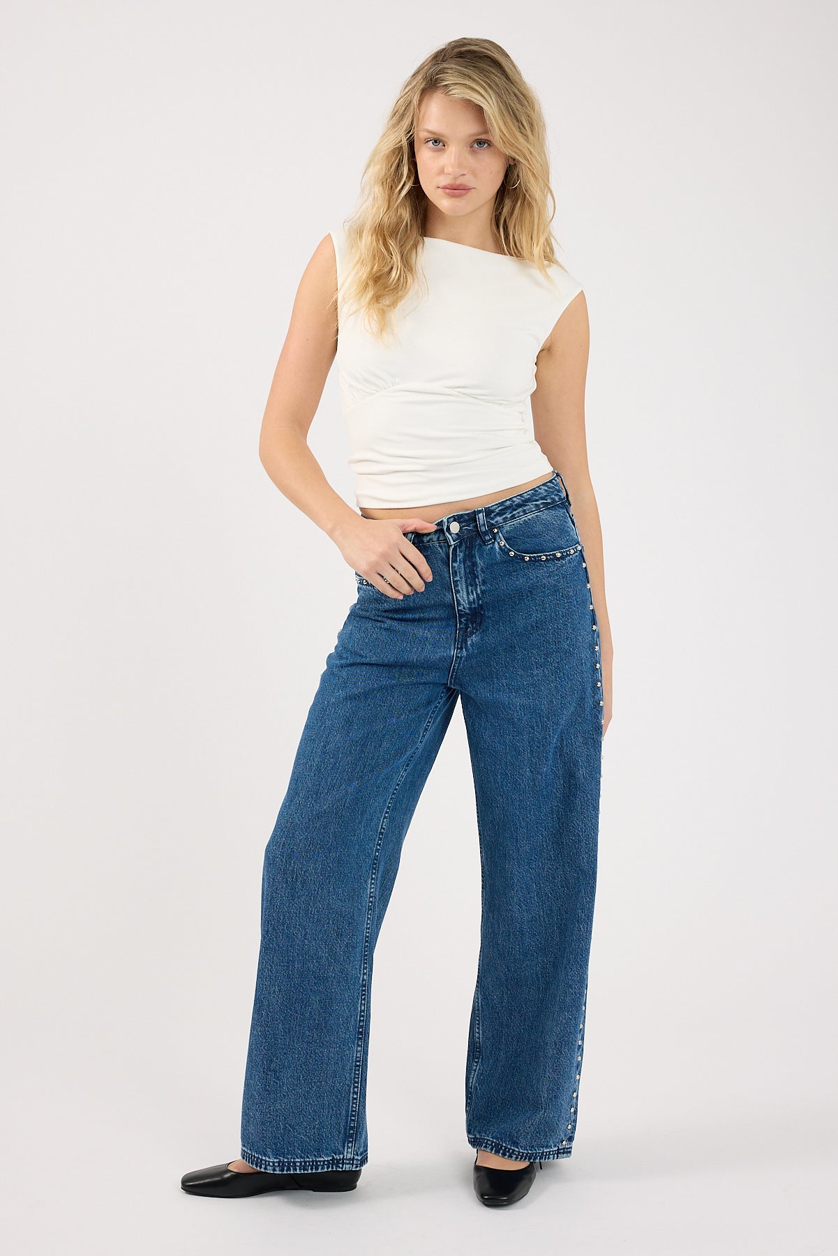 Perfect Stranger Mid Rise Studded Jean Mid Blue Denim