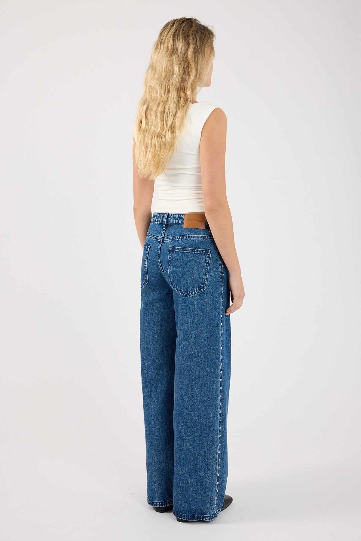Perfect Stranger Mid Rise Studded Jean Mid Blue Denim