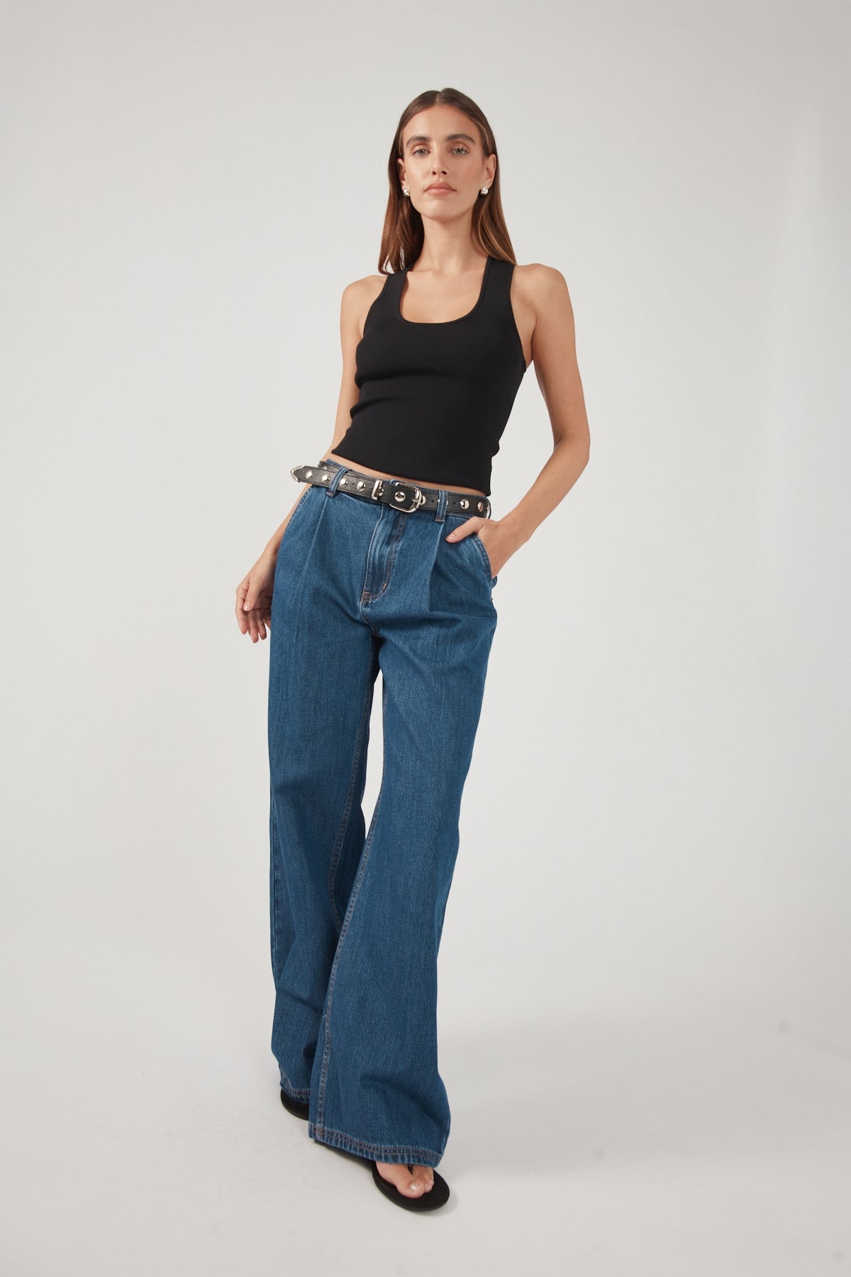 Perfect Stranger High Rise Pleated Jean Deep Blue Denim