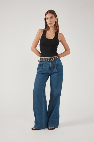 Perfect Stranger Mid Rise Pleated Jean Deep Blue Denim