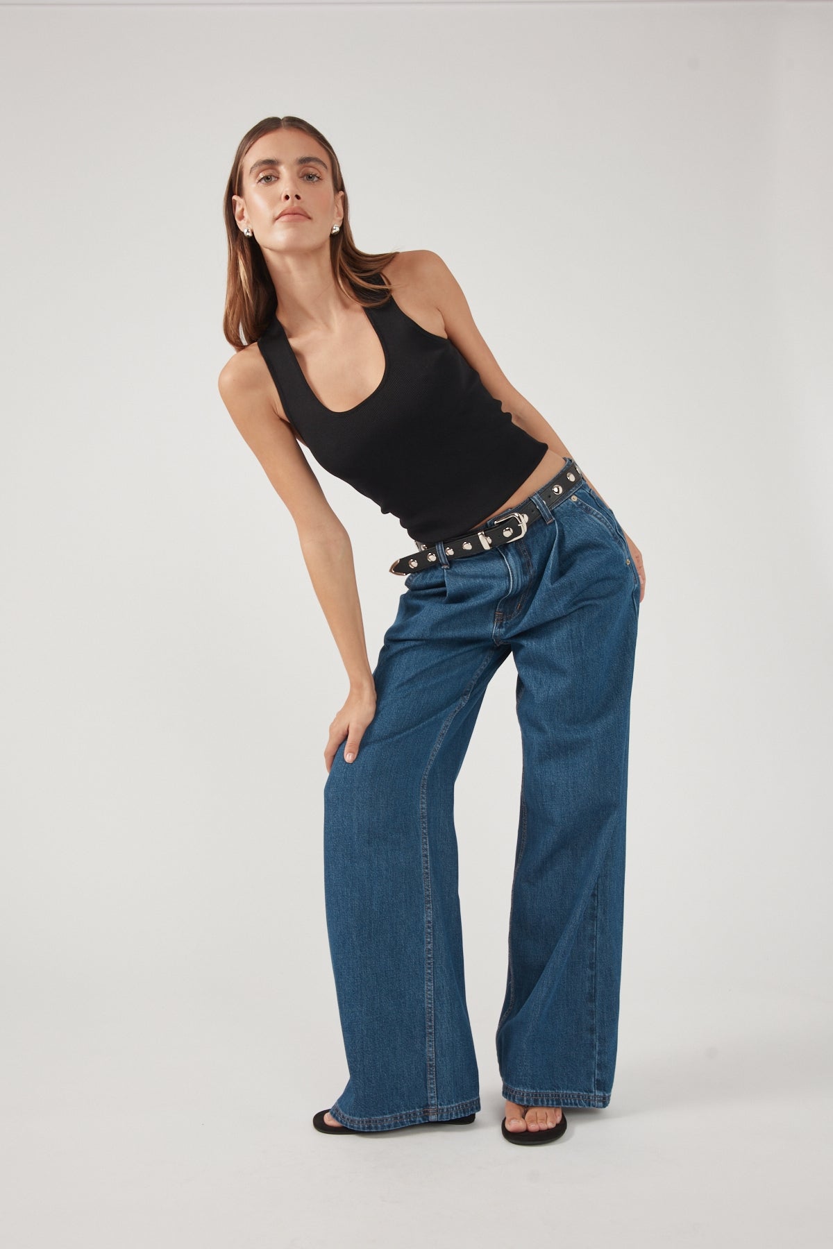 Perfect Stranger High Rise Pleated Jean Deep Blue Denim