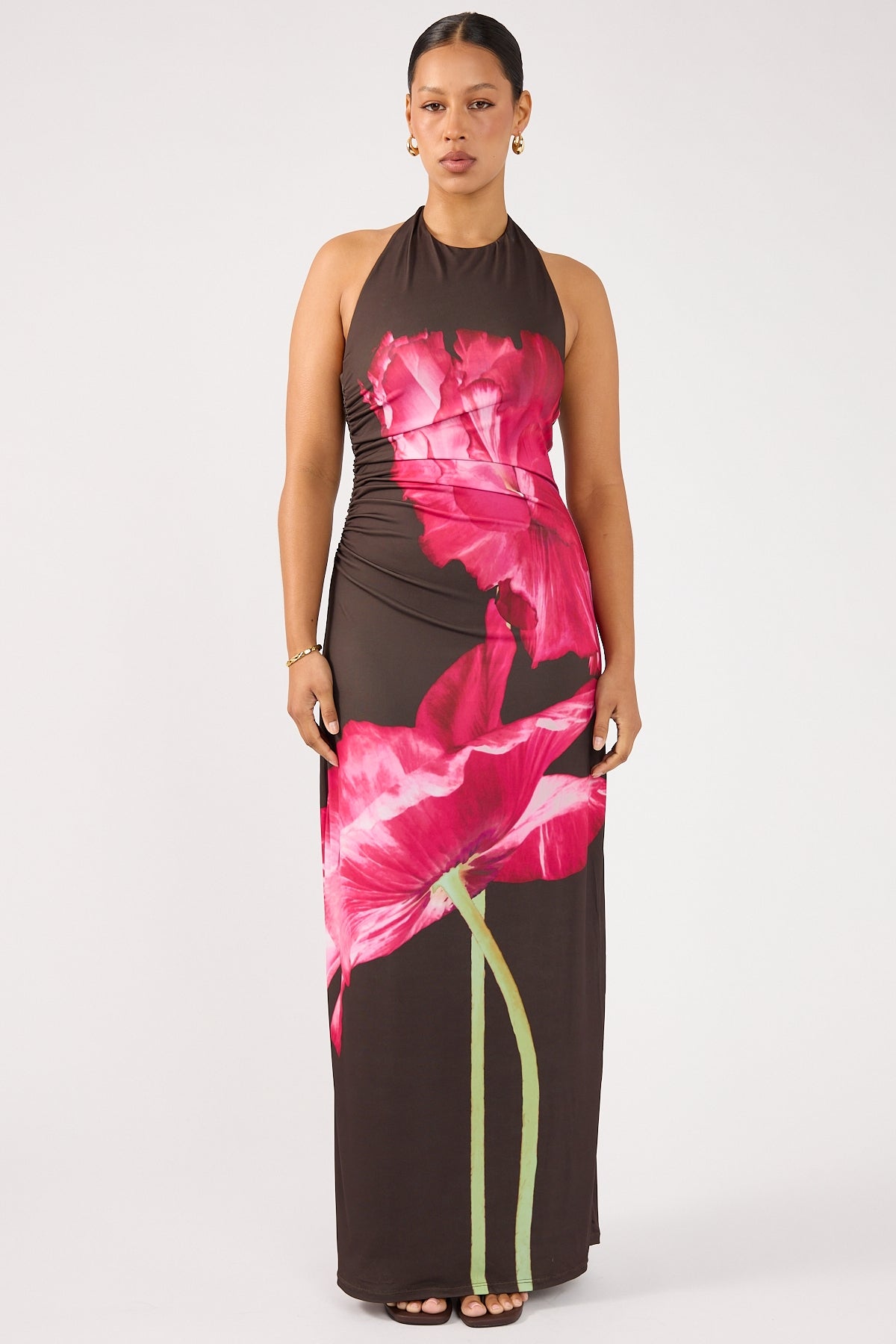 strapless open back dress Perfect Stranger Full Bloom High Neck Maxi Dress Brown Print
