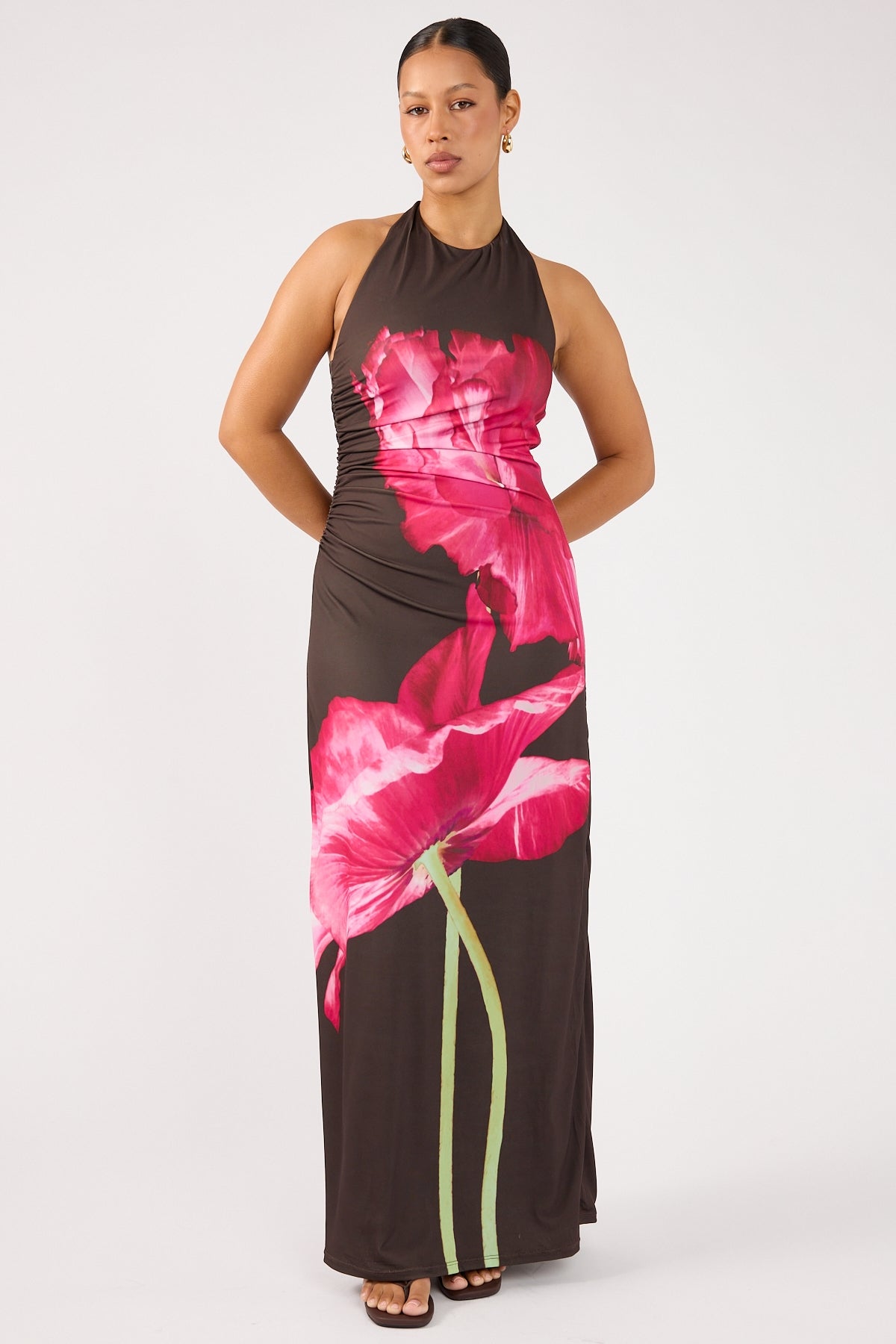 Perfect Stranger Full Bloom High Neck Maxi Dress Brown Print