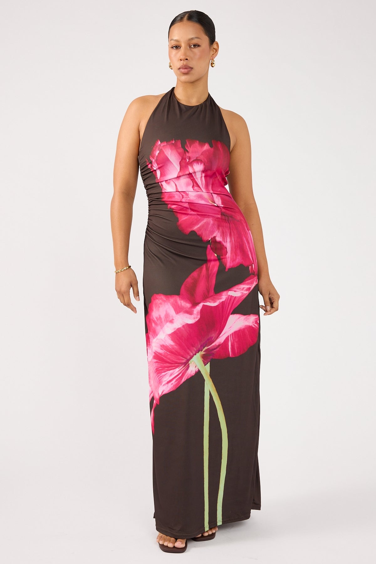 Perfect Stranger Full Bloom High Neck Maxi Dress Brown Print