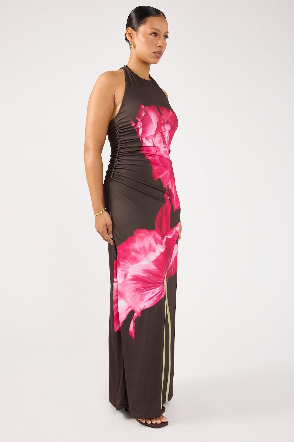 Perfect Stranger Full Bloom High Neck Maxi Dress Brown Print