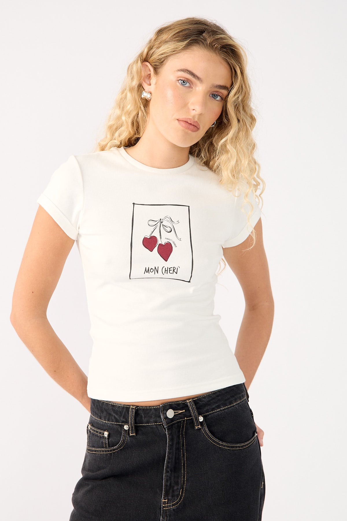 Perfect Stranger Mon Cheri Cap Sleeve Tee White Print