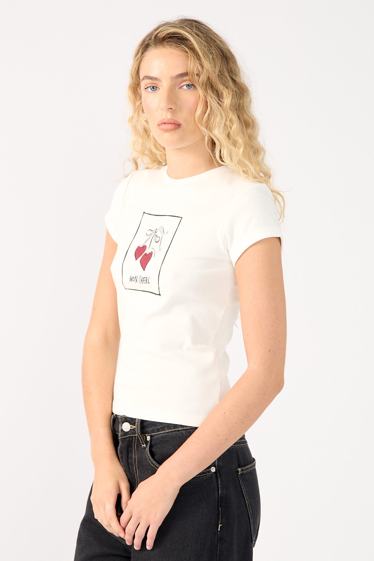 Perfect Stranger Mon Cheri Cap Sleeve Tee White Print