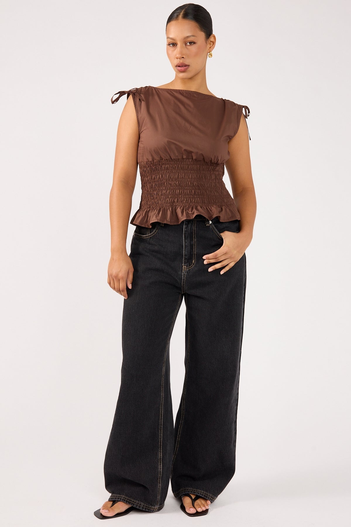 Perfect Stranger Bello Shirred Boat Neck Top Brown