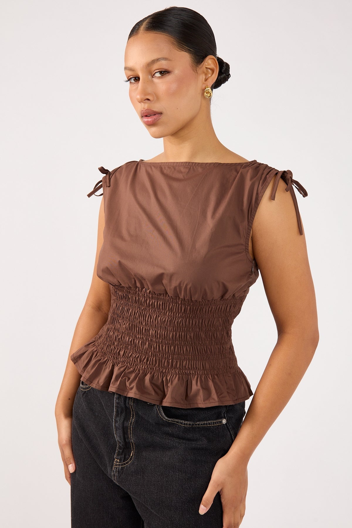 Perfect Stranger Bello Shirred Boat Neck Top Brown