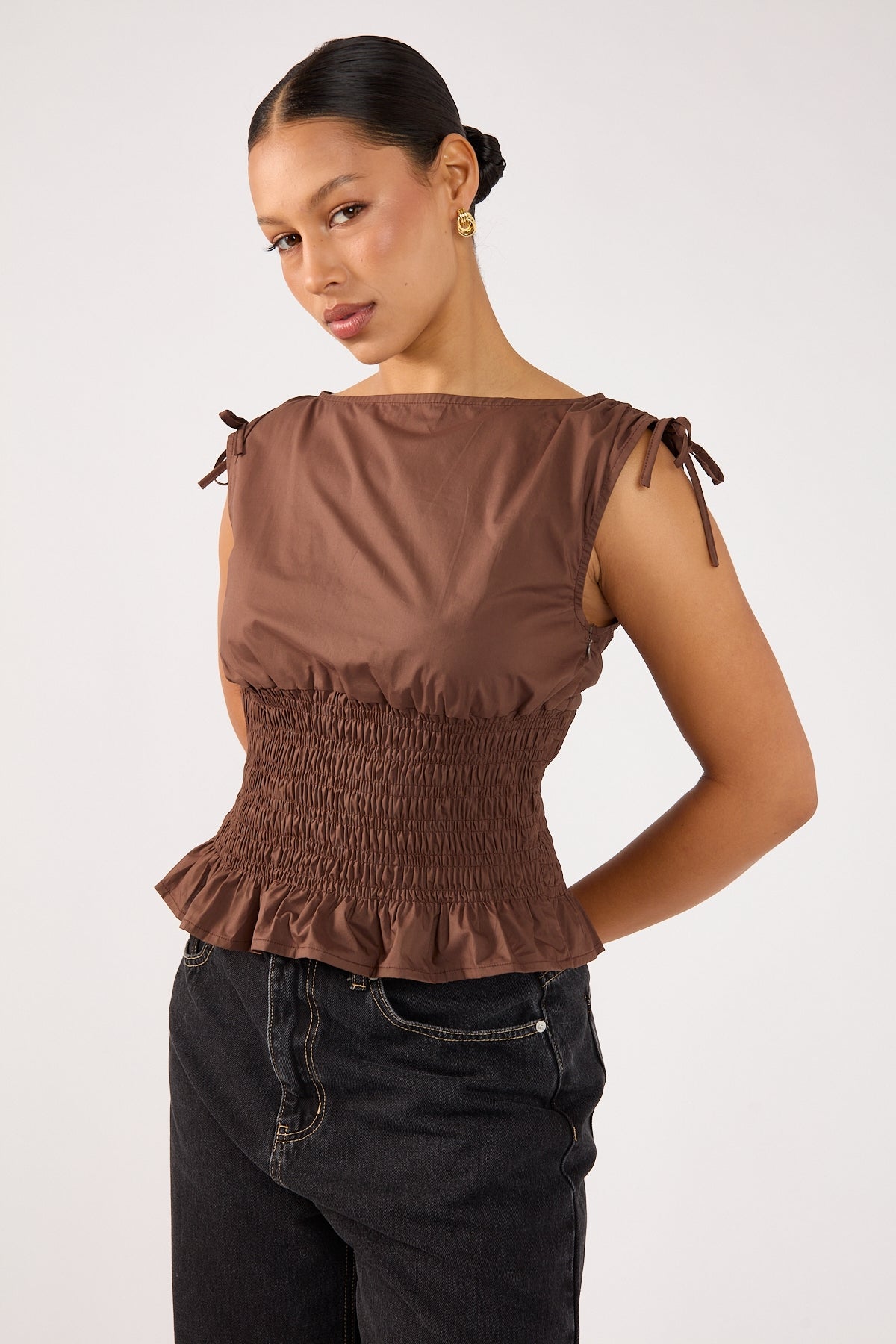 Perfect Stranger Bello Shirred Boat Neck Top Brown