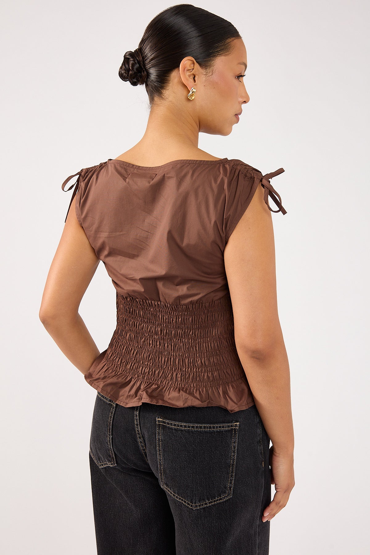 Perfect Stranger Bello Shirred Boat Neck Top Brown