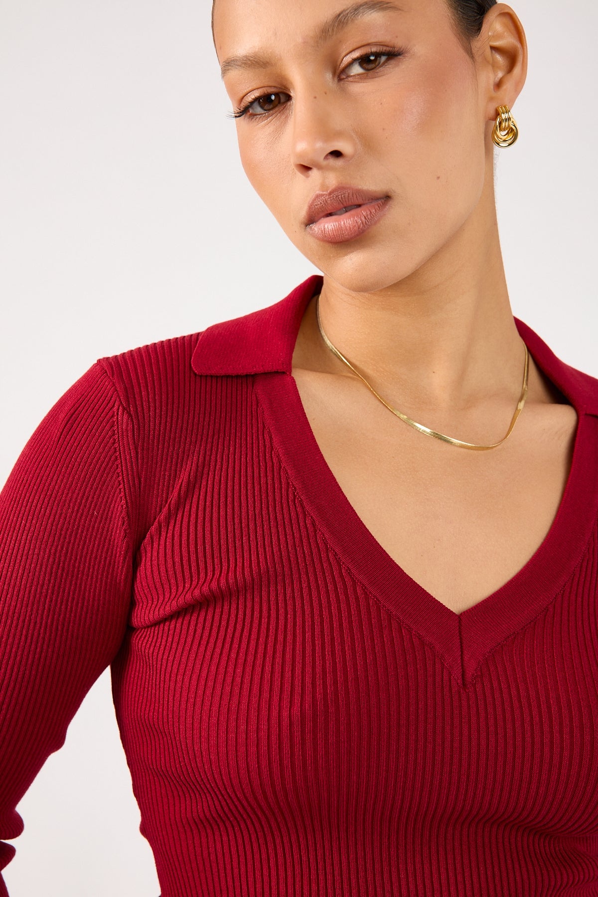 Perfect Stranger Fiorelle Knitted Long Sleeve Polo Burgundy