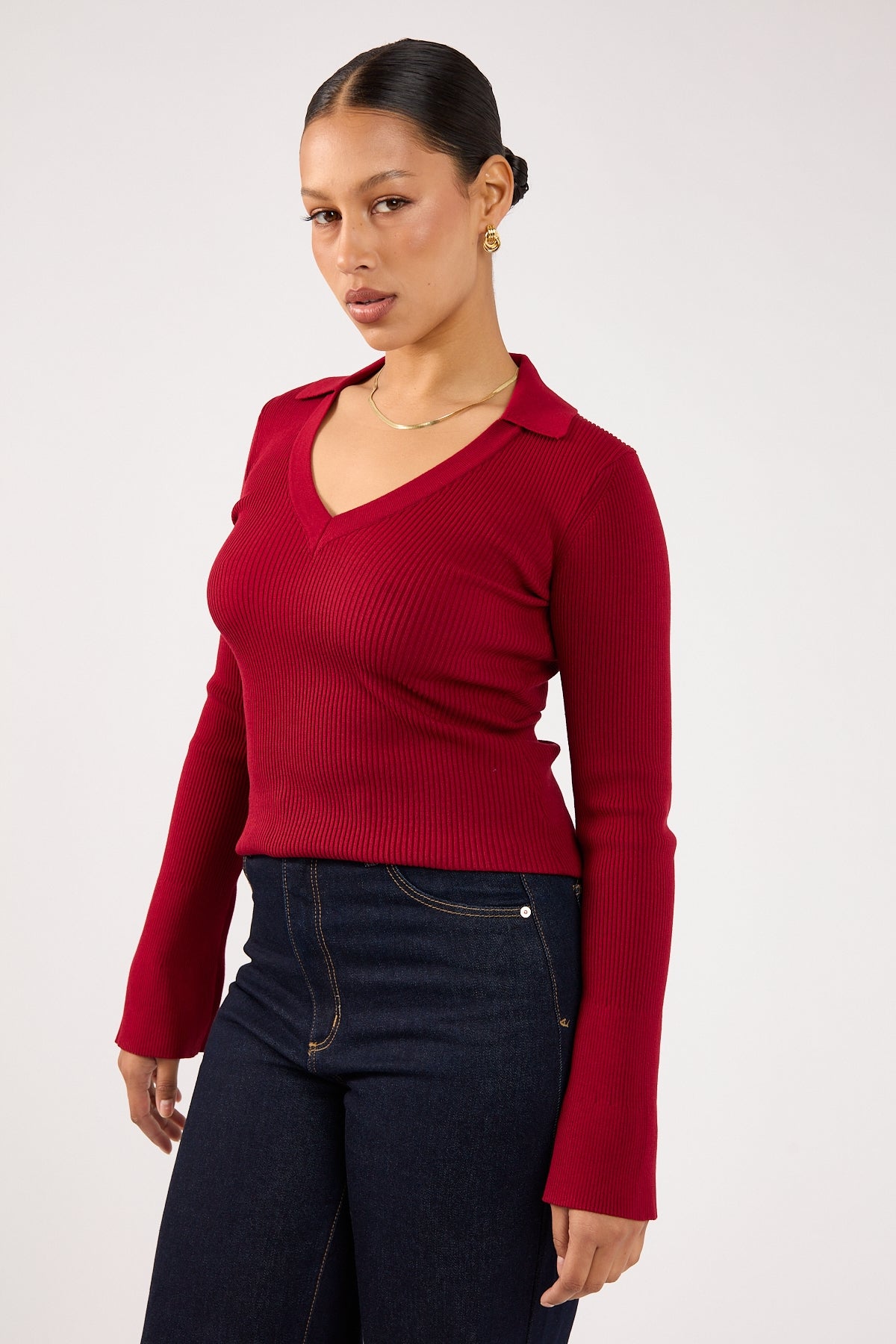Perfect Stranger Fiorelle Knitted Long Sleeve Polo Burgundy