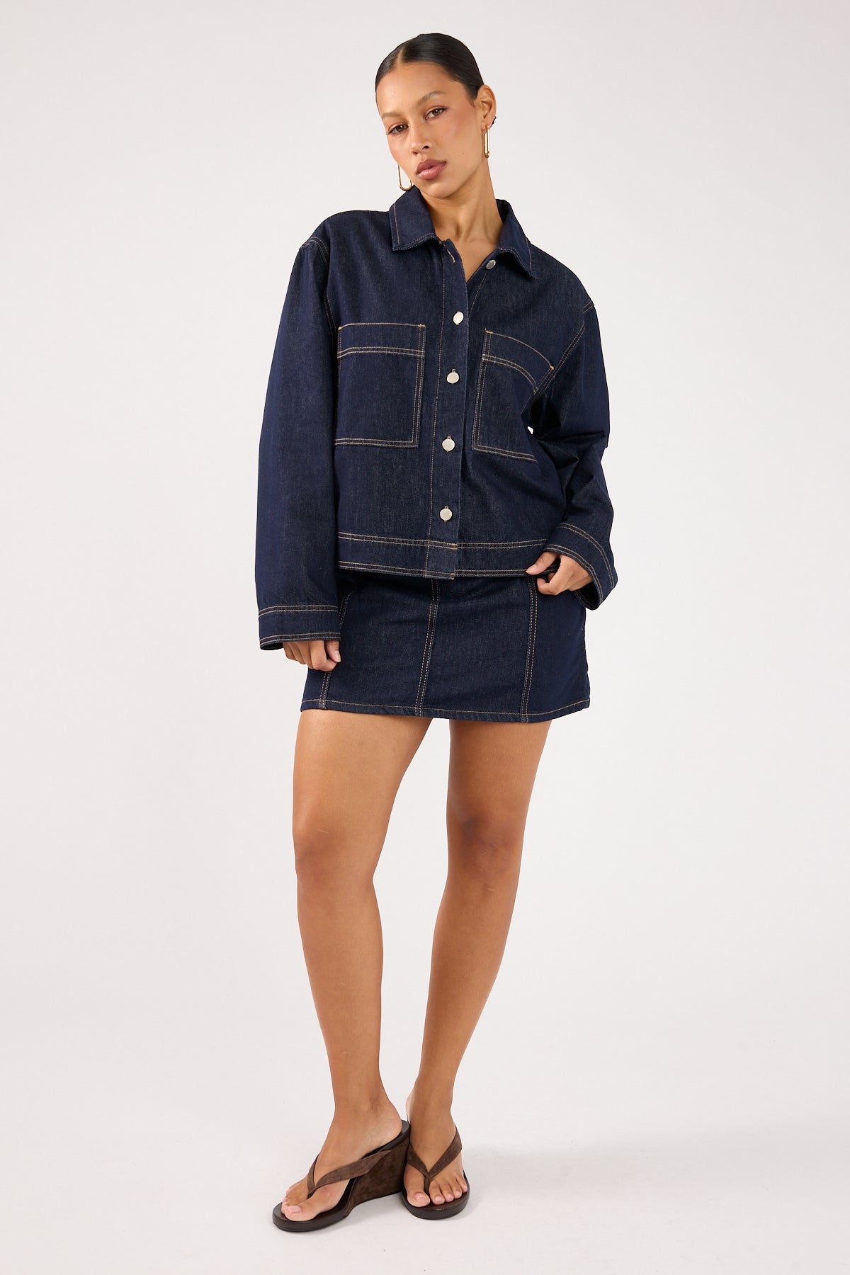 Perfect Stranger Mila Denim Boxy Shirt Dark Blue Denim