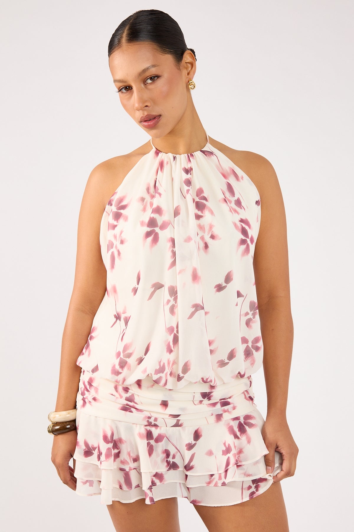 Perfect Stranger Charlotte Halter Mini Dress Burgundy Print