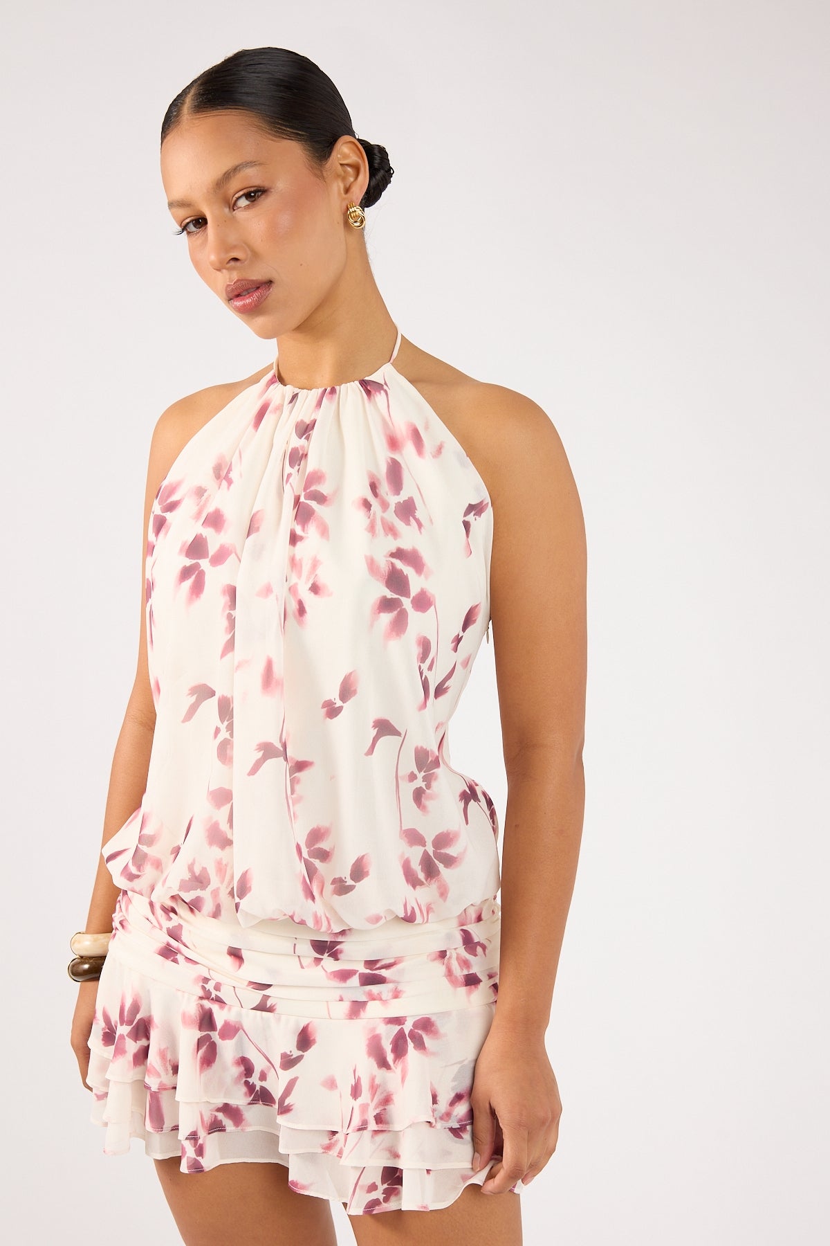 Perfect Stranger Charlotte Halter Mini Dress Burgundy Print