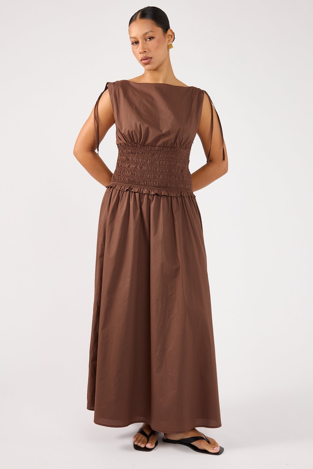 Perfect Stranger Bello Shirred Boat Neck Maxi Dress Brown