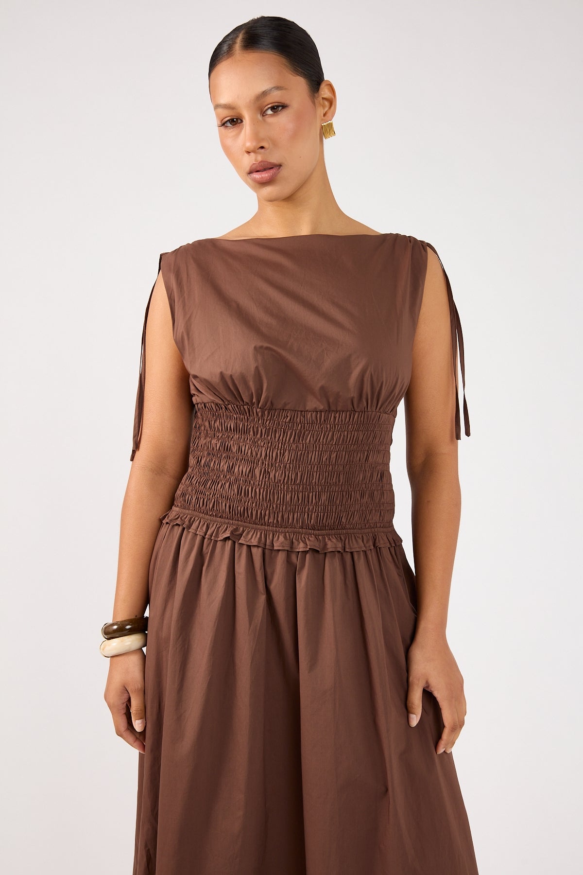 Perfect Stranger Bello Shirred Boat Neck Maxi Dress Brown
