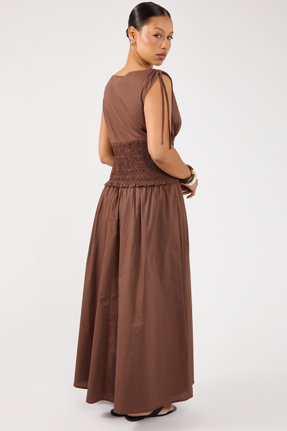 Perfect Stranger Bello Shirred Boat Neck Maxi Dress Brown