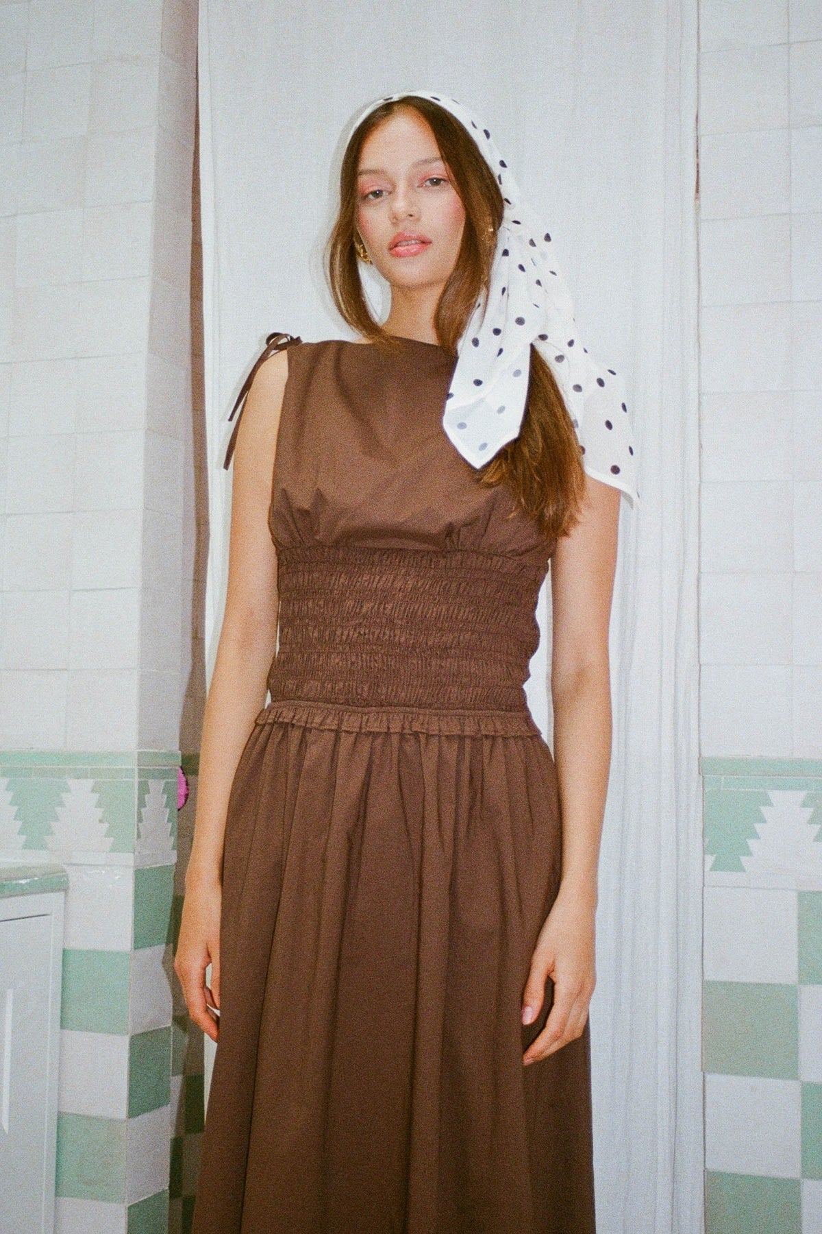 Perfect Stranger Bello Shirred Boat Neck Maxi Dress Brown