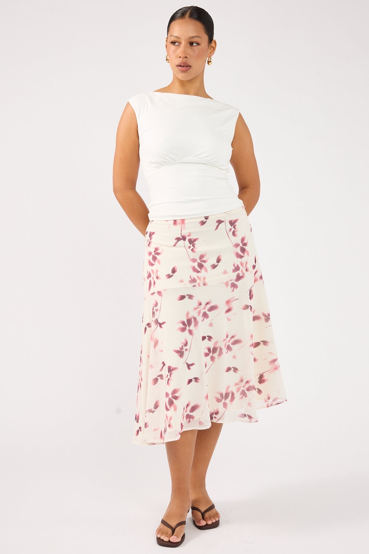 Perfect Stranger Charlotte Asym Midi Skirt Burgundy Print