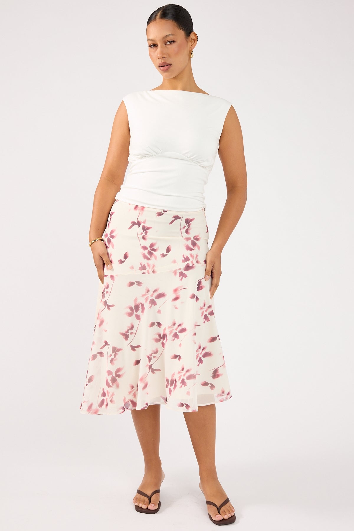 Perfect Stranger Charlotte Asym Midi Skirt Burgundy Print