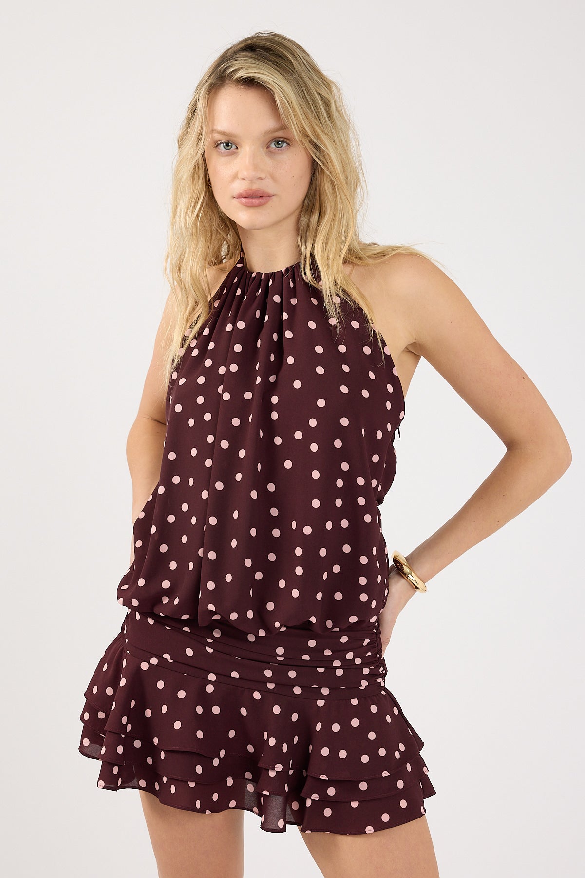 Perfect Stranger Kori Halter Mini Dress Burgundy Polka