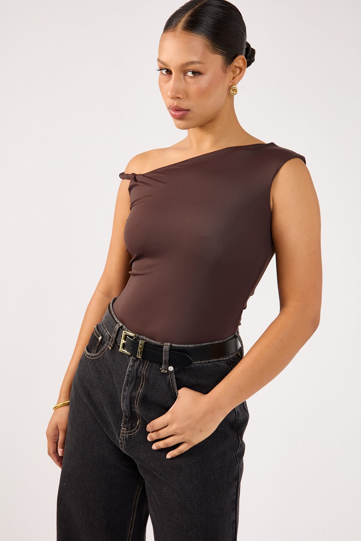 Perfect Stranger Kayla Asym Twist Bodysuit Chocolate