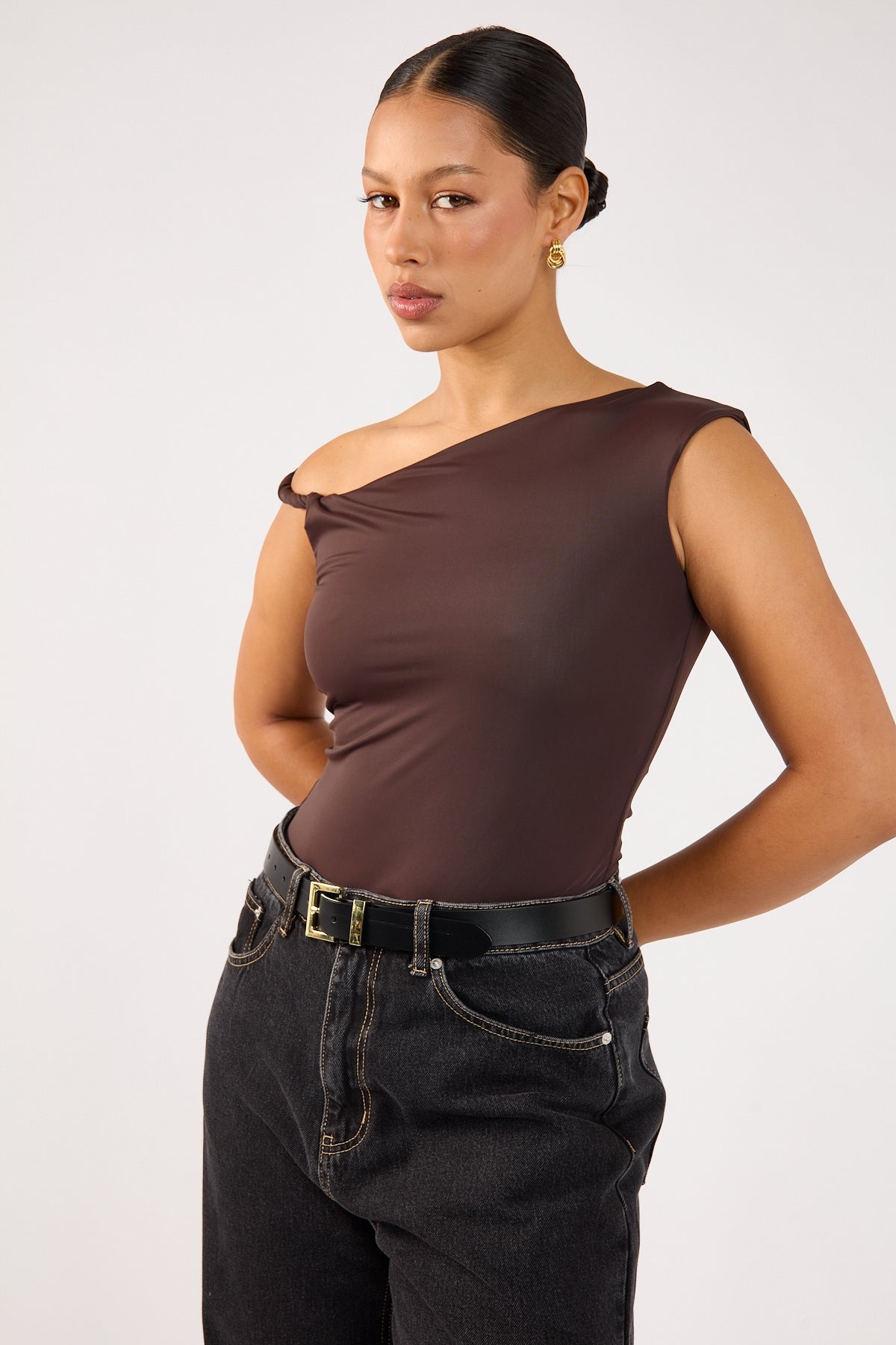 Perfect Stranger Kayla Asym Twist Bodysuit Chocolate
