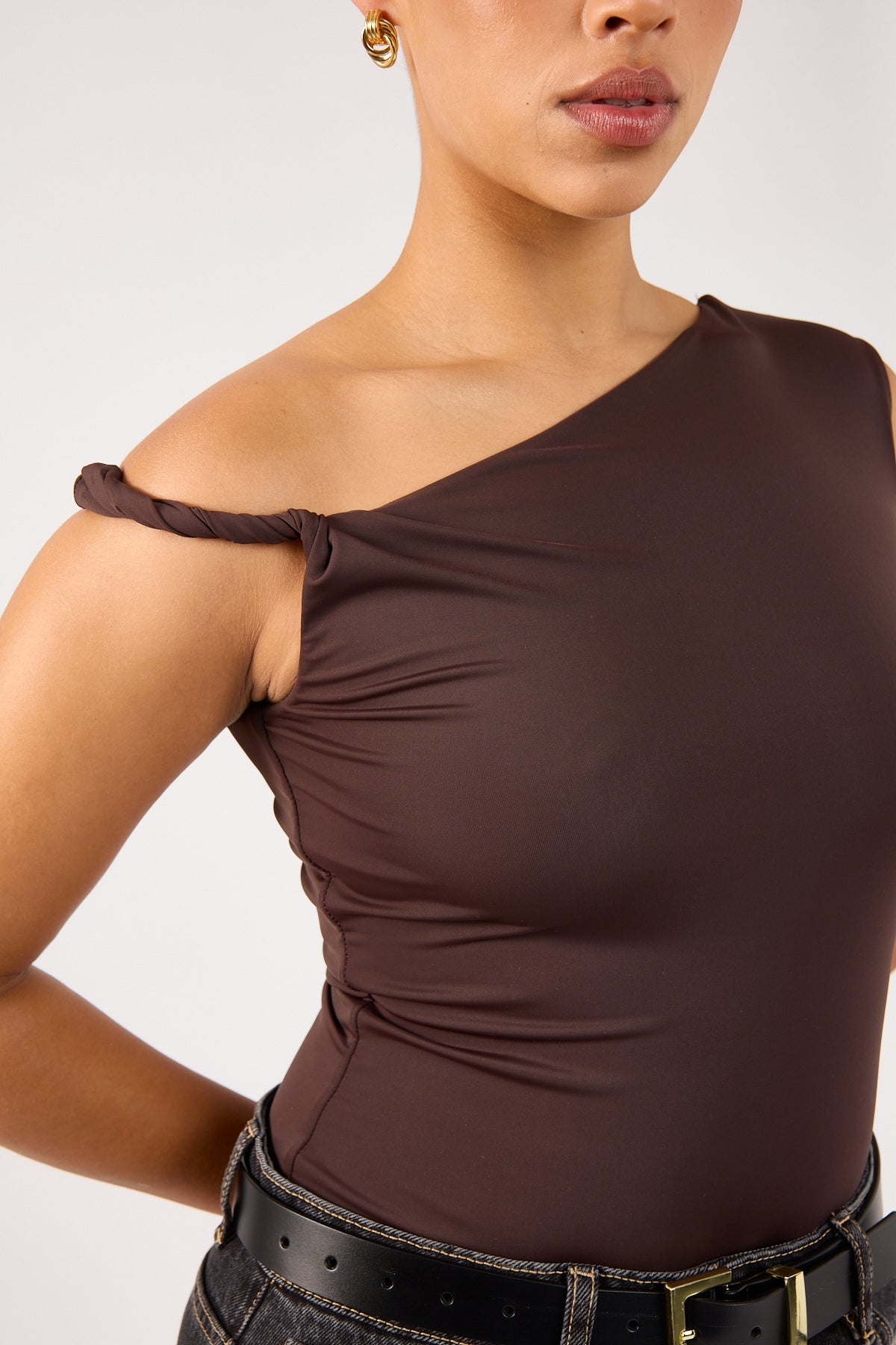Perfect Stranger Kayla Asym Twist Bodysuit Chocolate