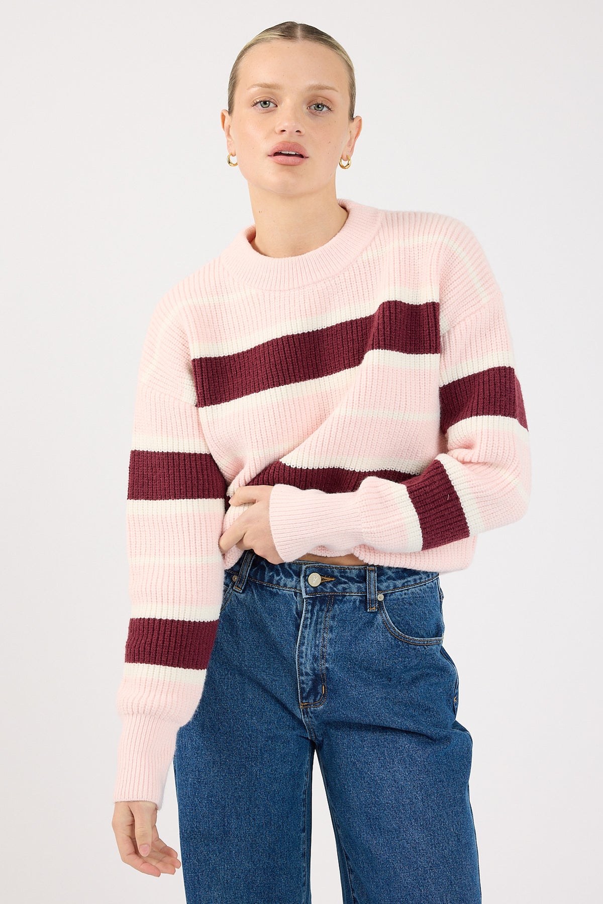 Perfect Stranger Noir Stripe Crew Neck Jumper Pink Stripe