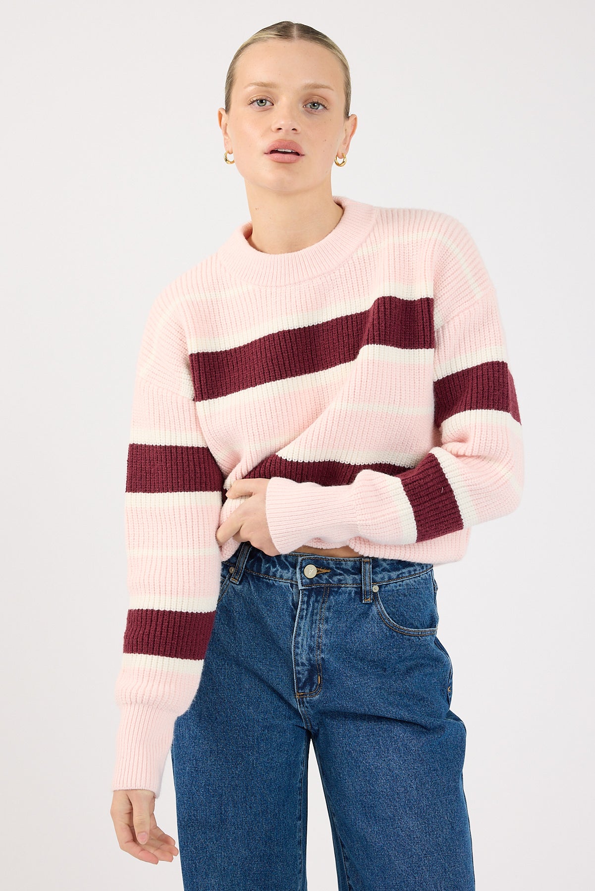 Perfect Stranger Noir Stripe Crew Neck Jumper Pink Stripe