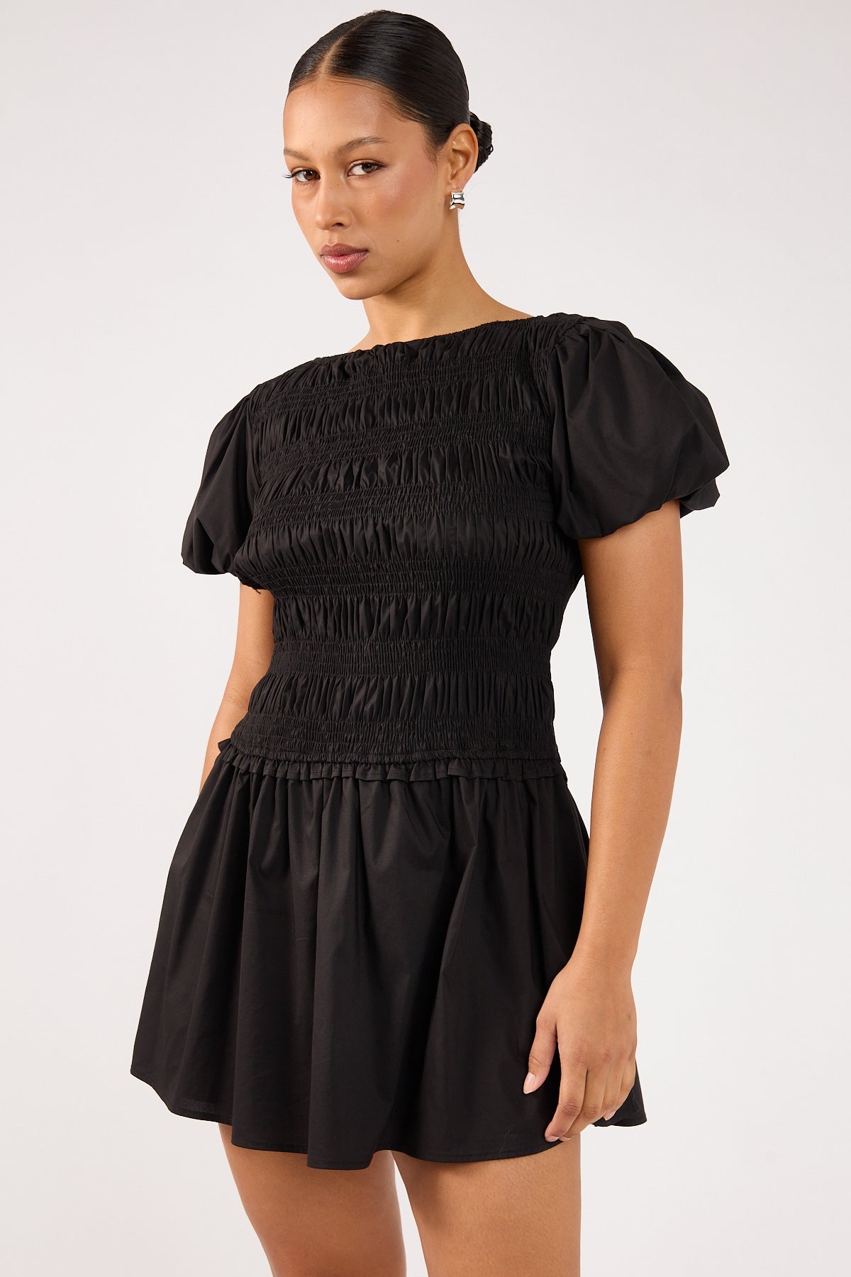 Perfect Stranger Rhea Shirred Short Sleeve Mini Dress Black