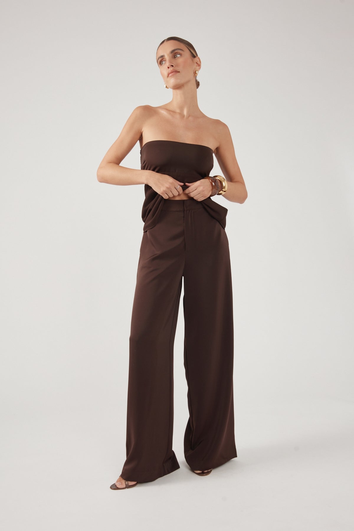 Perfect Stranger Ellie Satin Mid Rise Tailored Pants Brown