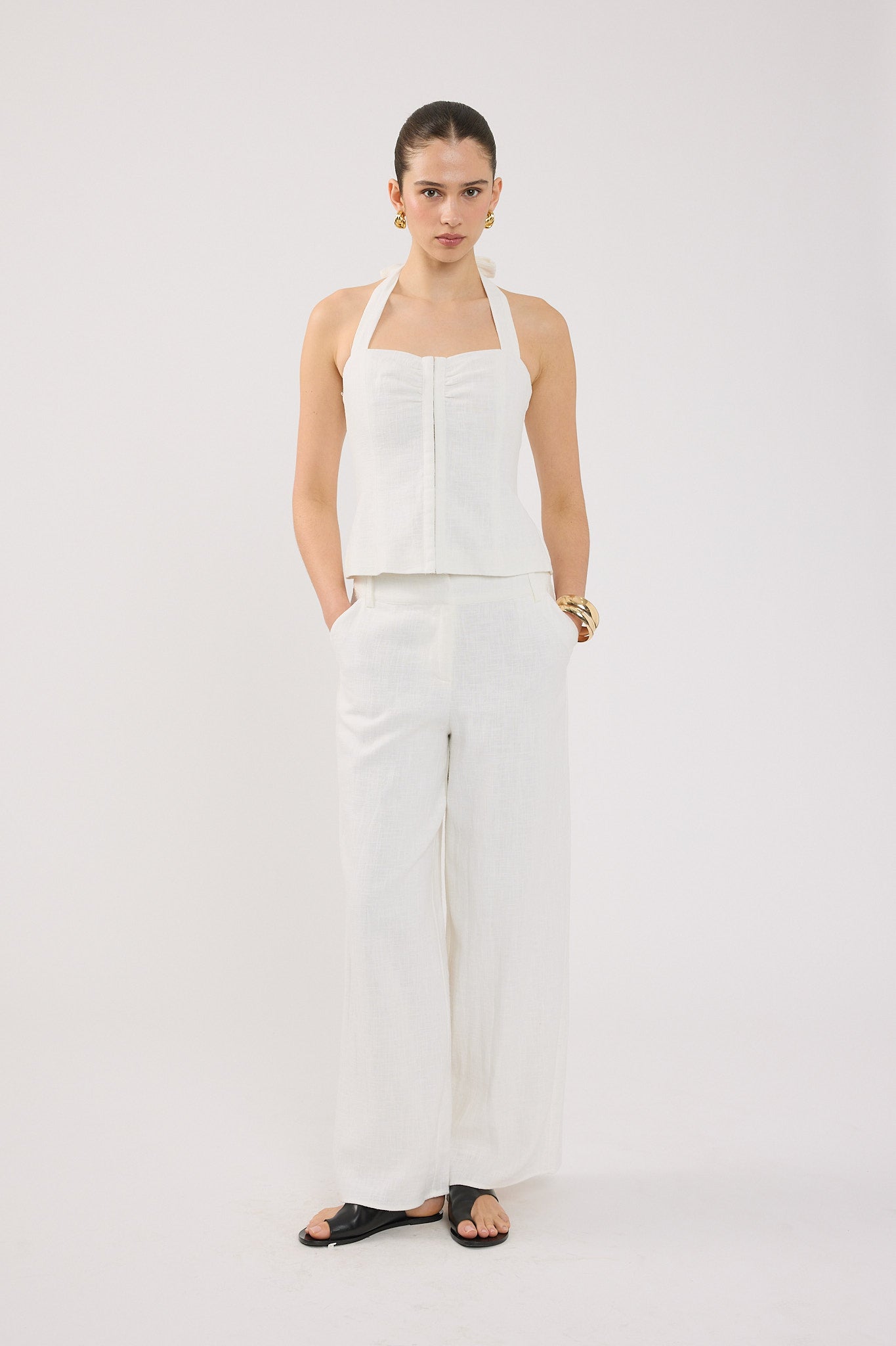 Perfect Stranger Menorca Linen Gathered Halter Top White