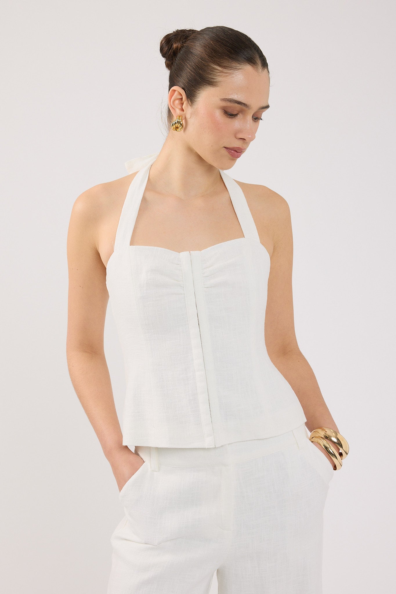 Perfect Stranger Menorca Linen Gathered Halter Top White
