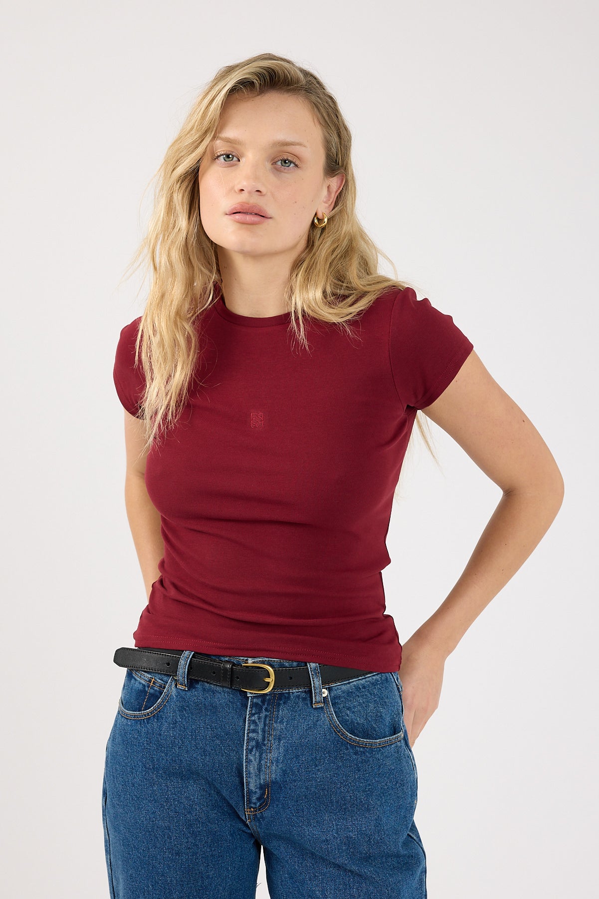 Perfect Stranger Monogram Cap Sleeve T-Shirt Burgundy