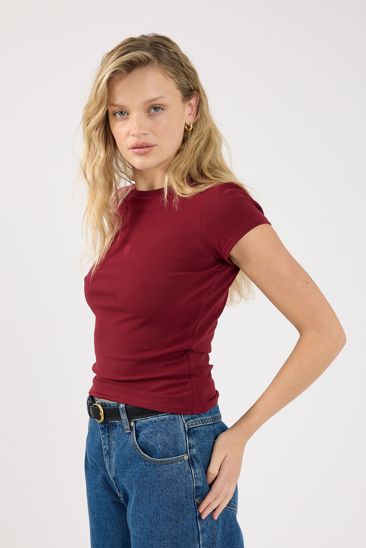 Perfect Stranger Monogram Cap Sleeve T-Shirt Burgundy