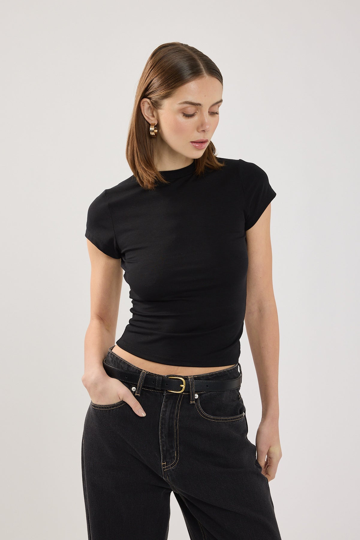 Perfect Stranger Longline Cap Sleeve Tee Black