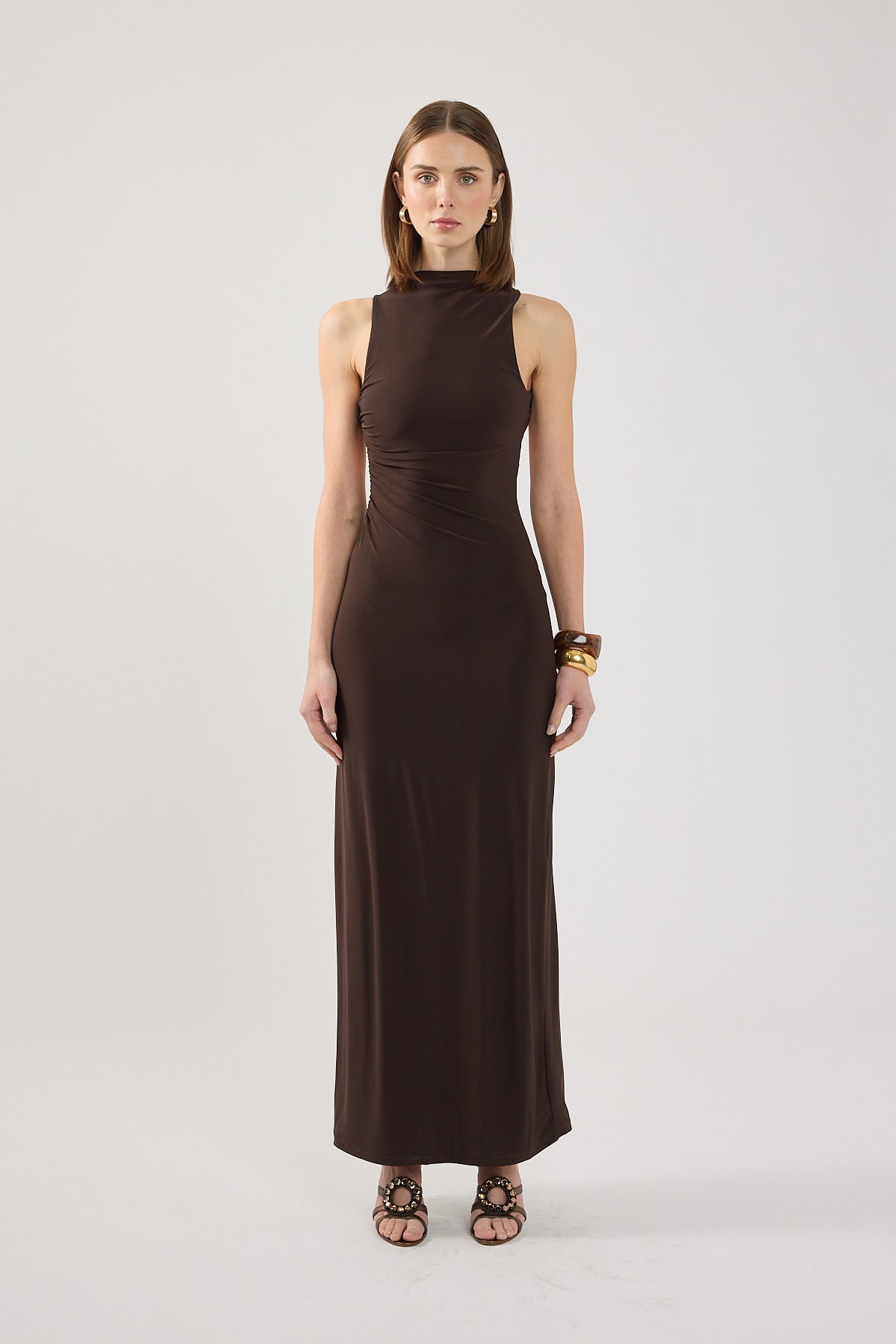 Perfect Stranger Havana High Neck Open Back Maxi Dress Brown