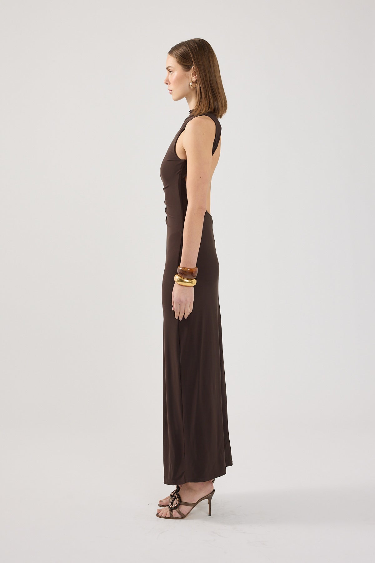 Perfect Stranger Havana High Neck Open Back Maxi Dress Brown